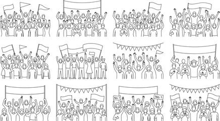 Obraz premium Crowd Supporter Outline Collection with Cheering Fans Flags Banners and Celebration Characters