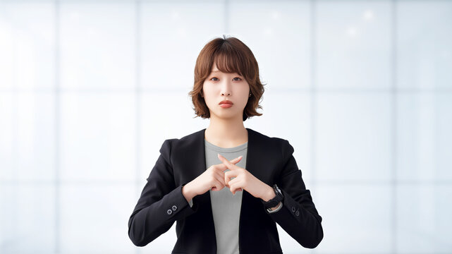 指でバツのポーズをする女性・ビジネスウーマン, Businesswoman Making an X Gesture with Her Fingers