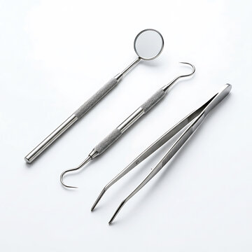 Stainless steel dental explorers and probes on white background