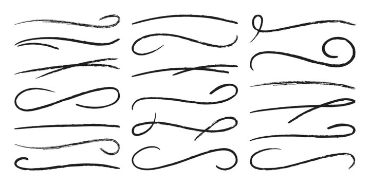Abstract marker underline collection. Chalk pencil lines, highlight strokes doodle line. Pencil or pen drawn decorative swash lines. 