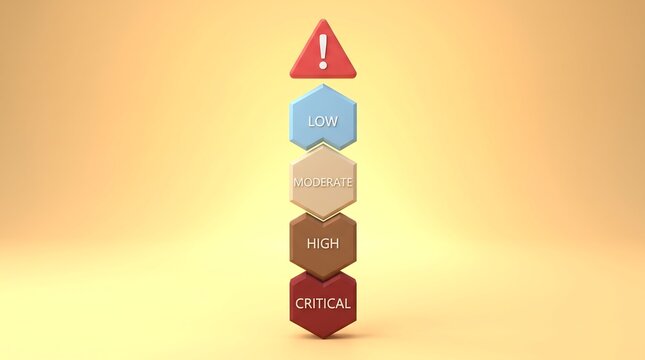 Risk assessment level indicator with hexagon blocks, critical and high priority warning icons, business management performance scale on yellow background