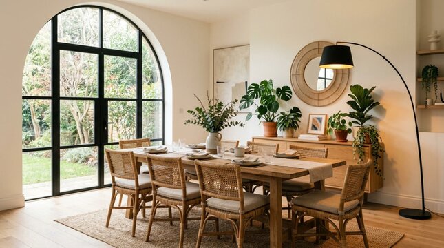 Serene Modern Dining Room Interior with Long Solid Wood Table, Woven Rattan Chairs, Lush Tropical Plants, Arched Black Window, Arc Floor Lamp, and Natural Light in Elegant Contemporary Home Design