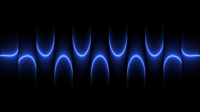 Glowing blue neon sine wave pattern on a black background showing rhythmic oscillating curves in a symmetrical digital audio frequency visualization