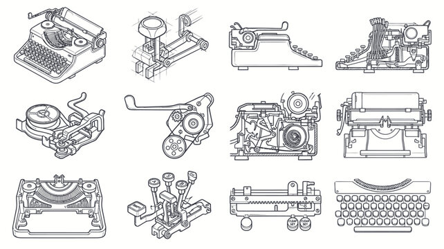 Collection of vintage typewriters in detailed line art style.