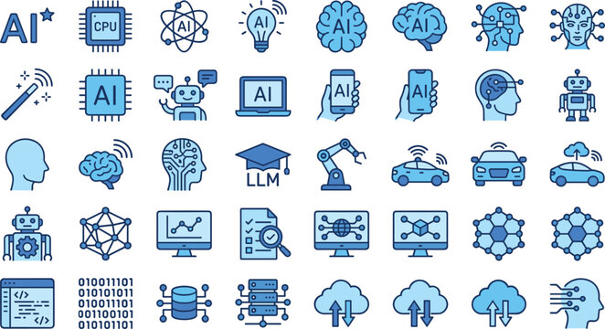 Blue artificial intelligence icon set featuring machine learning neural network smart technology and big data symbols vector