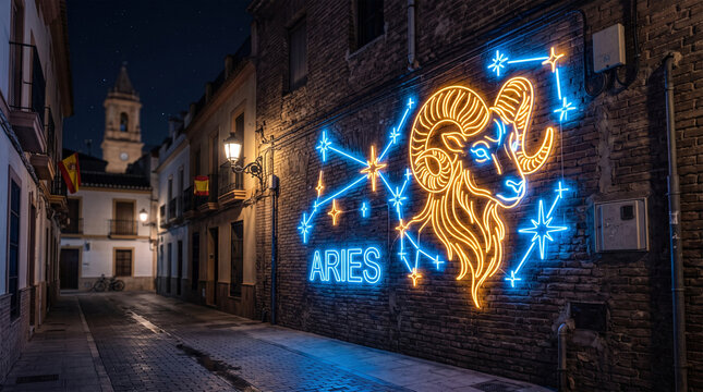 Neon sign of Aries zodiac symbol featuring a ram's head illuminated on a brick wall in a narrow street at night with historical buildings and street lamps