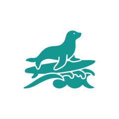 Obraz premium Minimalist Teal Sea Lion Surfing on a Surfboard over Ocean Waves Vector Icon Design