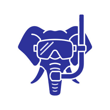Funny blue elephant head wearing snorkeling gear and diving mask vector illustration for summer vacation and diving concepts