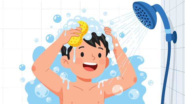 Cheerful young boy washing his hair with shampoo and a yellow sponge under a running shower head on white background.