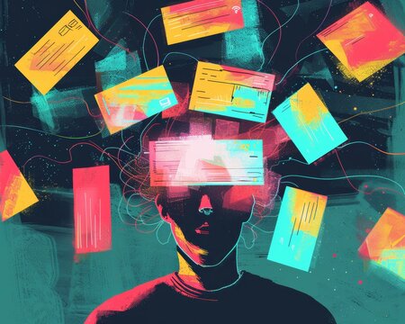 Neon digital of a person with glowing visor and floating colorful data cards, conceptual information overload