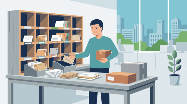 Postal worker sorting mail and packages in an office setting with city view