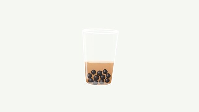 Simple vector illustration of a sweet bubble tea beverage with dark tapioca pearls settled at the bottom of a transparent cup on a clean background