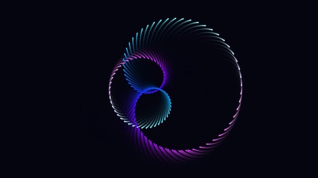 Abstract glowing spiral patterns forming interconnected rings on a dark background, showcasing vibrant blue, purple, and teal colors.