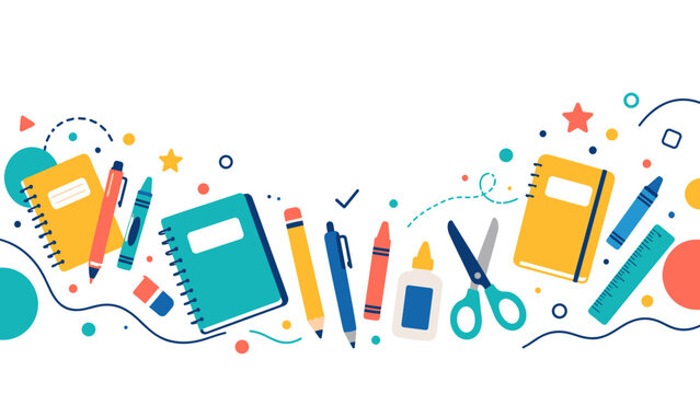 Brightly colored school supplies scattered in playful design. Vibrant notebooks, pens, scissors, and crayons form cheerful pattern. Stars, circles, and lines float around to suggest creativity and fun