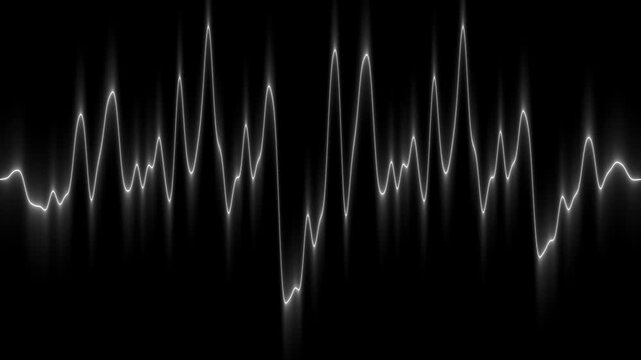 Glowing white audio waveform visualization with vertical light rays on a dark background representing digital sound frequency and signal amplitude