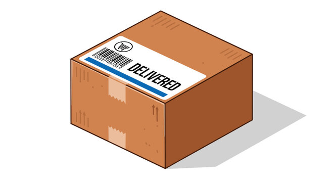 Cardboard box with delivered label and barcode illustration