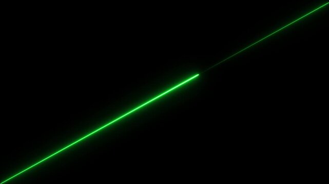 A single straight diagonal line glowing with a bright neon green light against a solid black background representing energy or a laser beam