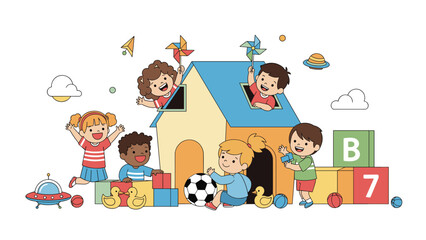 Fototapeta premium Group of diverse kids having fun playing with blocks and toys around a colorful wooden playhouse in a room.