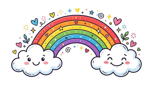 Colorful cartoon rainbow with smiling clouds and decorative elements illustration