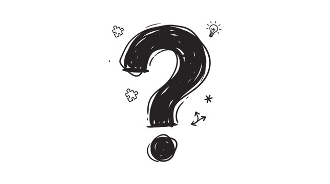 A large, hand-drawn, black question mark with a scribbled texture, surrounded by small doodle elements like a lightbulb, stars, and arrows, on a white background.