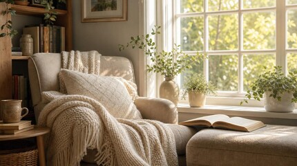 Fototapeta premium Cozy sunlit reading nook with plush armchair, chunky knit blanket, open book, houseplants, vintage shelves and warm window light creating peaceful home library comfort and quiet relaxation