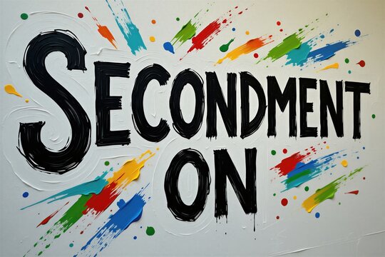 Bold black text reads Secondment On against textured white wall. Colorful paint splashes and dots add vibrant, artistic flair. This image conveys message of opportunity, placement, or transition.