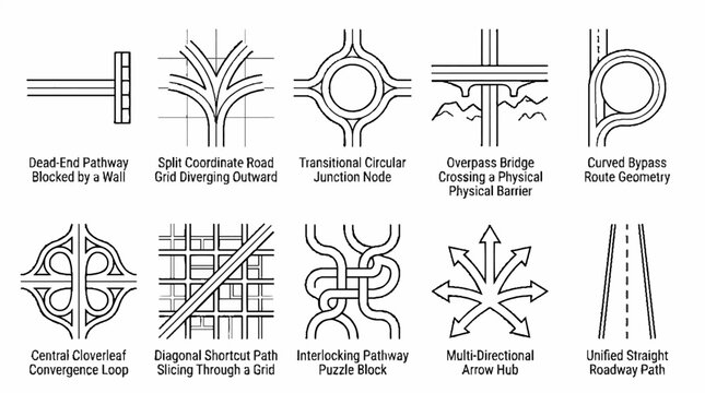 A collection of ten distinct road and pathway junction design icons.