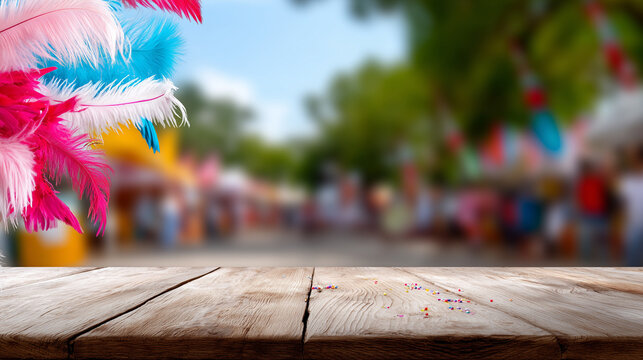 Festive wooden table display with vibrant colorful carnival feathers for a Miami Broward Carnival celebration concept background