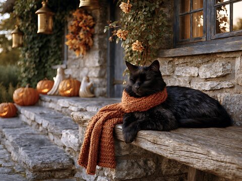 Fluffy black cat wearing orange knitted scarf resting on wooden bench by stone cottage decorated for Halloween