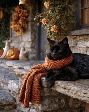 Fluffy black cat wearing orange knitted scarf resting on wooden bench by stone cottage decorated for Halloween
