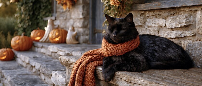 Fluffy black cat wearing orange knitted scarf resting on wooden bench by stone cottage decorated for Halloween