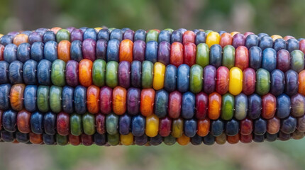 Obraz premium Extreme macro photography of a colorful heirloom glass gem corn on the cob showing vibrant translucent kernels 