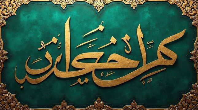 Decorative green panel with ornate gold arabic calligraphy