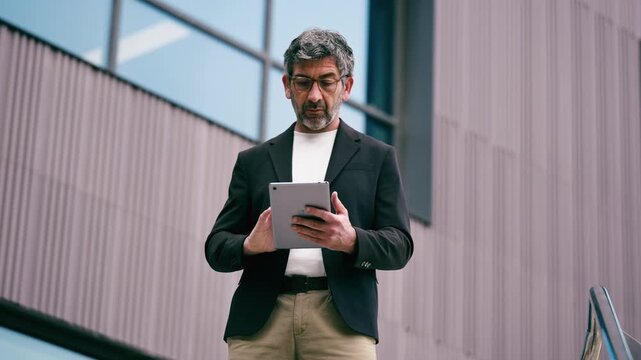 Video of mature elegant businessman working with digital tablet while staying in front of office