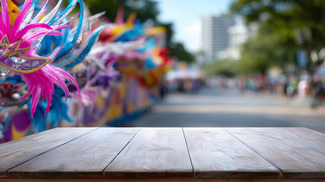 Empty Wooden Table Surface Overlooking Colorful Miami Broward Carnival Parade Street Celebration Background