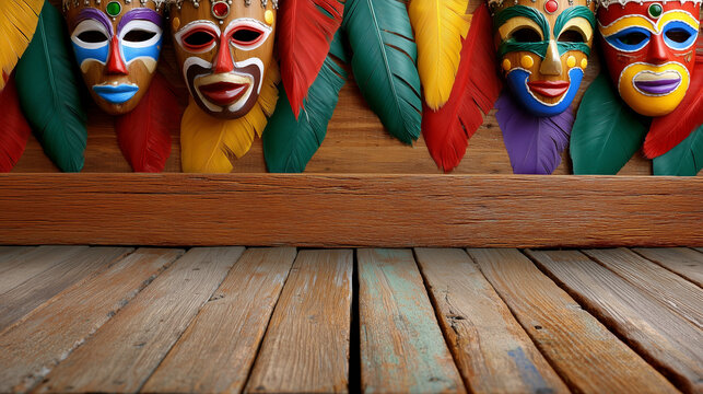 Colorful Festive Masks Decorating A Wooden Backdrop Representing The Vibrant Spirit Of The Miami Broward Carnival Celebration