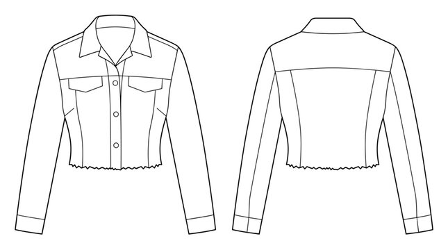 Cropped raw hem denim jacket flat fashion sketch