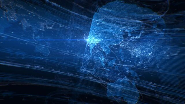 Sapphire network earth. Global rotating earth map in shades of blue with wire connections. Video in loop.