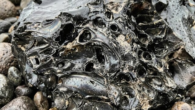 Macro texture of wet porous black volcanic rock found on the Lake Sevan shoreline in Armenia