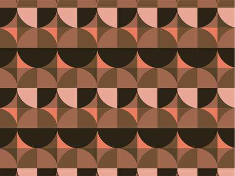 Seamless geometric pattern featuring repeating circles, semicircles, and quarter circles arranged in a clean mid-century modern layout. Designed in warm earth tones of brown, terracotta, peach.