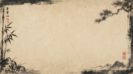 Japanese Vintage Scroll Paper Black Ink Landscape Frame Background Invitation Graphic © Dewi