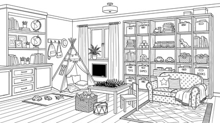 Fototapeta premium Cozy and inviting childrens playroom with a teepee and various toys.