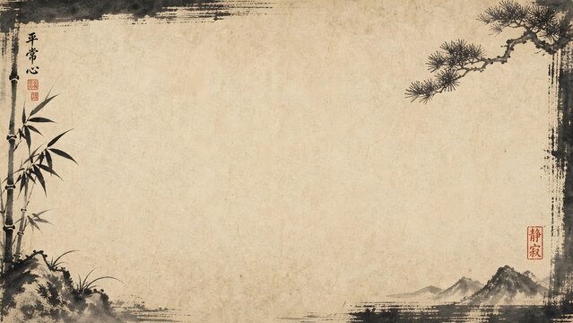 Japanese Vintage Scroll Paper Black Ink Landscape Frame Background Invitation Graphic