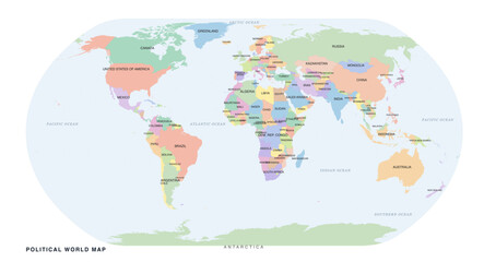 political world map with coloured countries. global continents and national borders on curved projection. labeled nations across all regions. geographic reference chart with grid lines  © Monu
