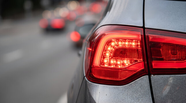 Brake light of modern gray car glowing in traffic during evening rush hour on city urban street.