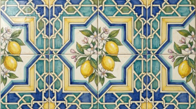 Vibrant mediterranean tile design featuring lemon branches and intricate geometric borders