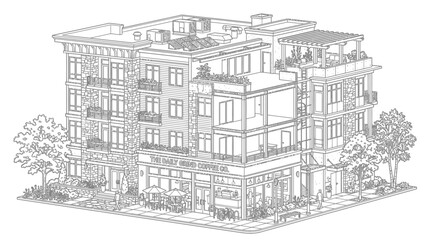 Obraz premium Detailed architectural line drawing of a modern mixed-use building.