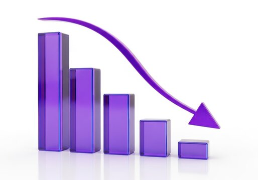 3d render of a purple glass bar chart showing a downward trend isolated on white background