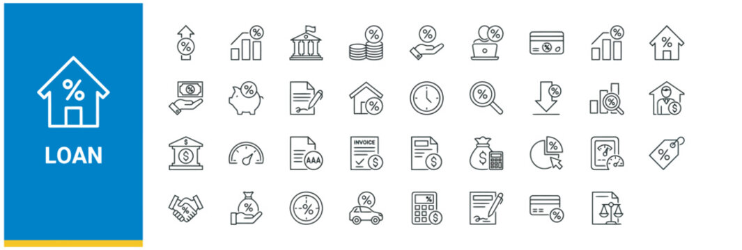 Comprehensive set of thin line loan and finance icons for banking and mortgage business projects