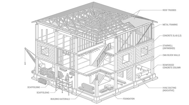 Detailed blueprint of a house under construction, showcasing structural elements.